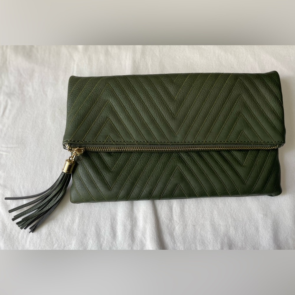 Elegant Chevron Faux Leather Green Clutch Bag w Tassel